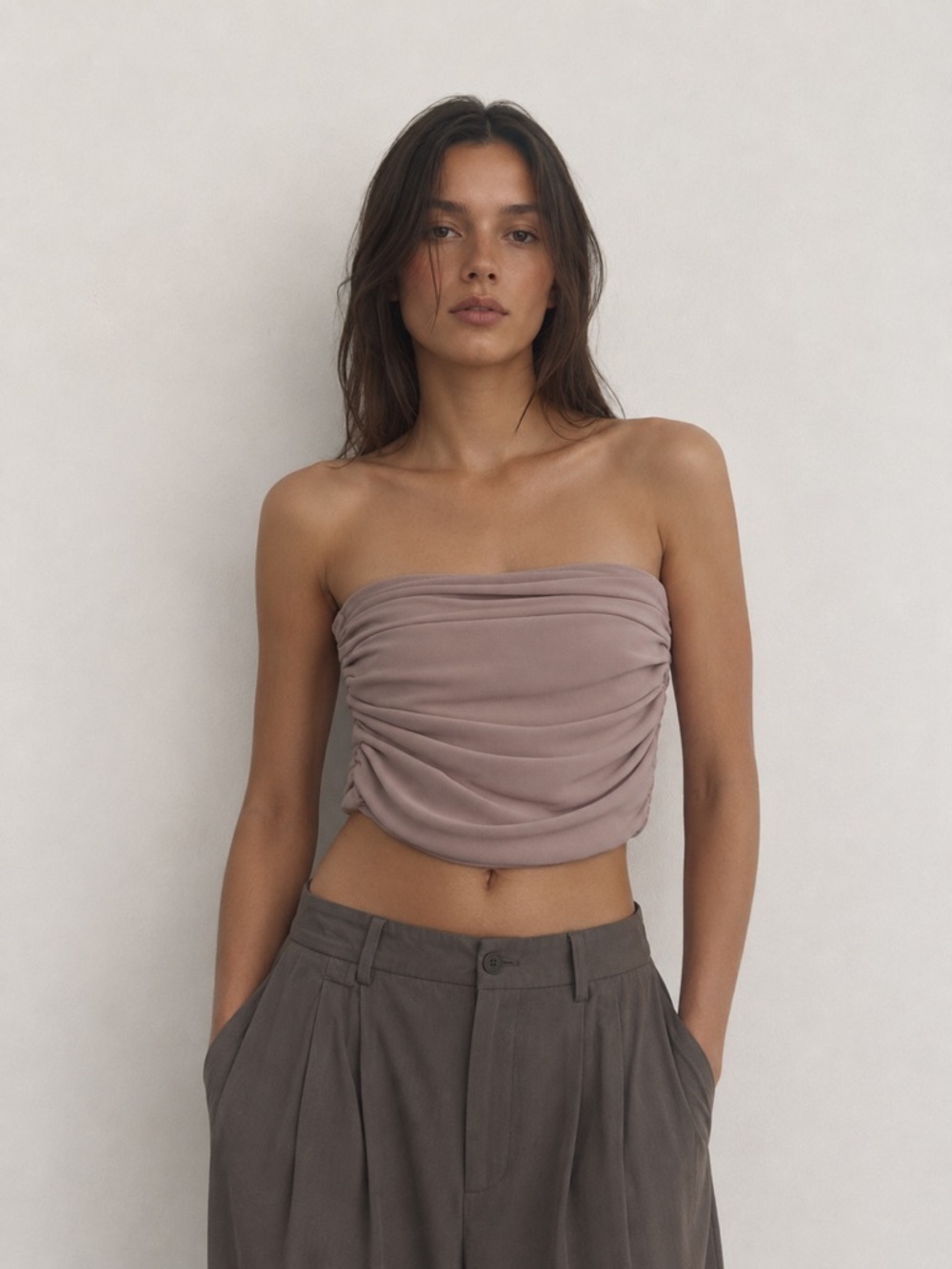Ushatava Ruched Bandeau Mesh Top Womens Size XS